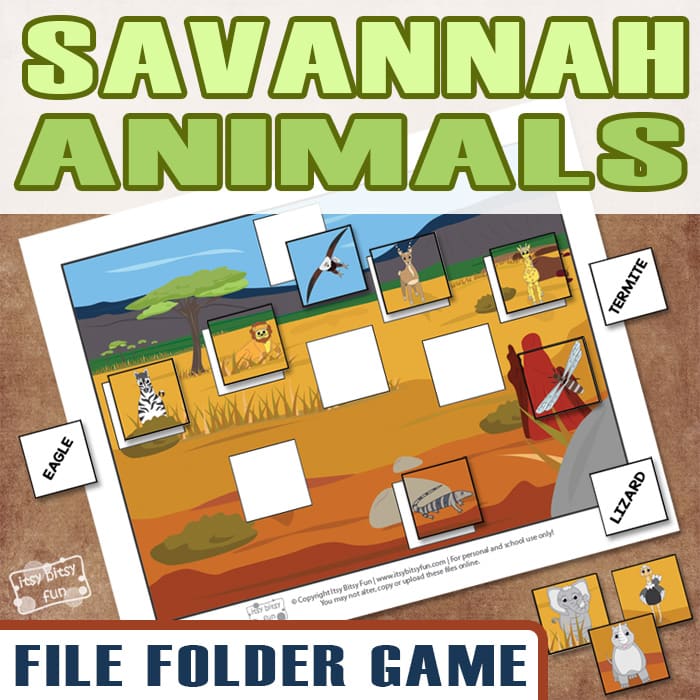 Savannah Animals Free Printable File Folder Game for kids.