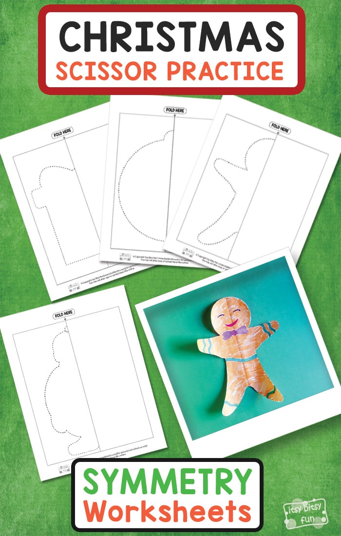 Christmas Cutting Practice Symmetry Worksheets for Kids. Fun free printable Christmas activity for kids.