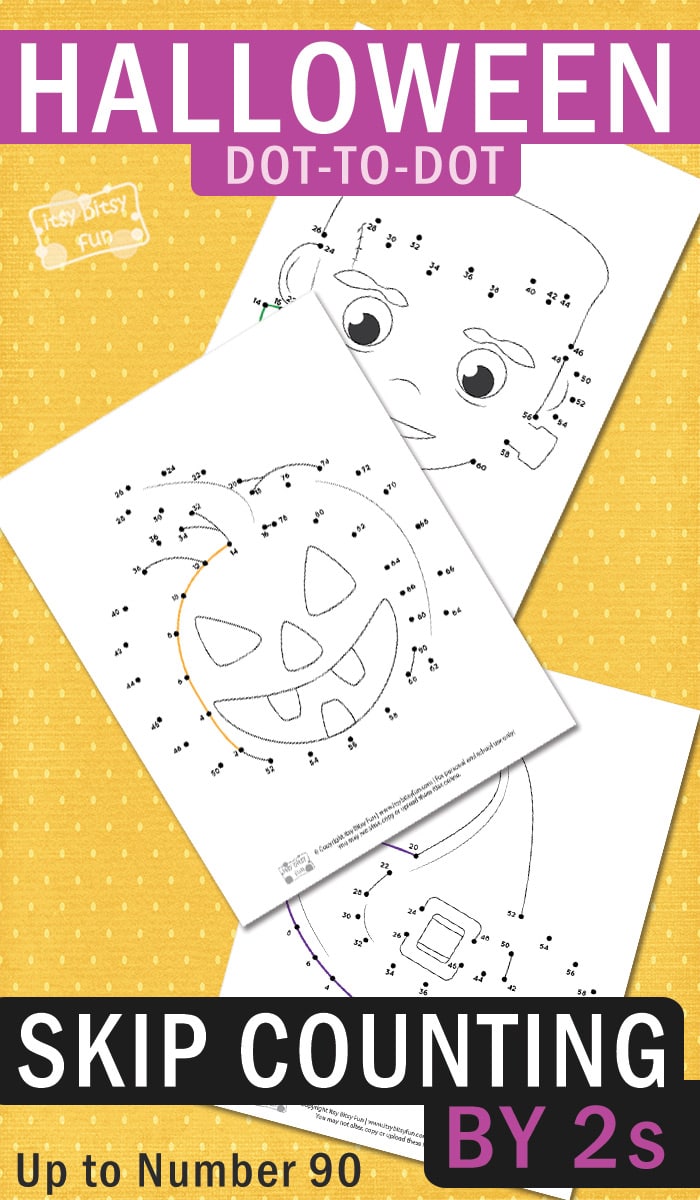 Free Printable dot to dot Halloween skip sount worksheets by 2s. Halloween learning printable for kids.