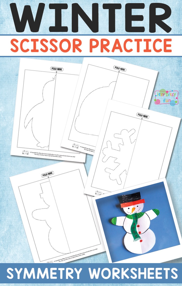 Free printable Winter Cutting Practice Symmetry Worksheets for kids. Perfect printable activity to strengthen fine motor skills. #freeprintablesforkids #freeworksheets #activitiesforkids 