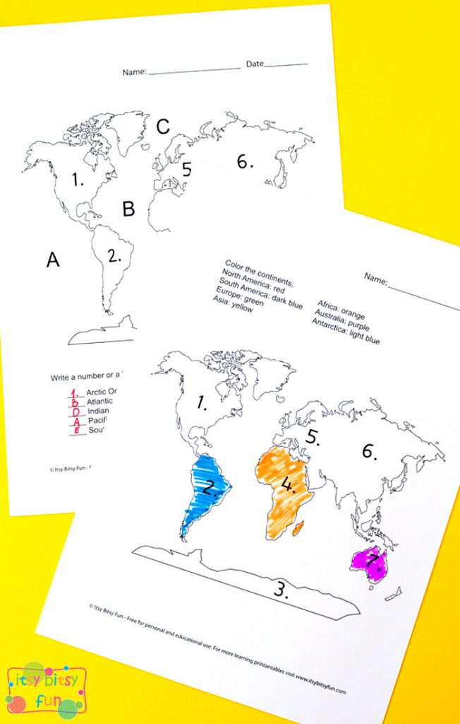 Continents and oceans worksheets for kids