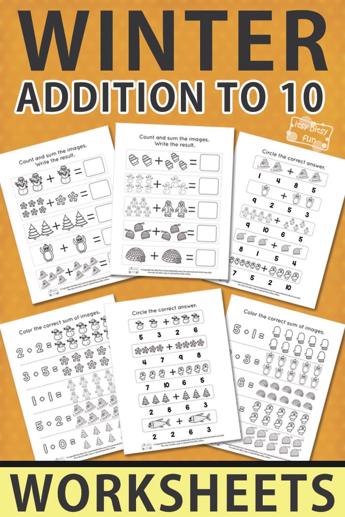 Free Printable Winter Addition Worksheets to 10 for kids