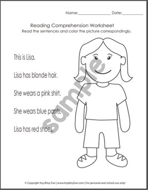 Read and Color Kindergarten Reading Comprehension Worksheet