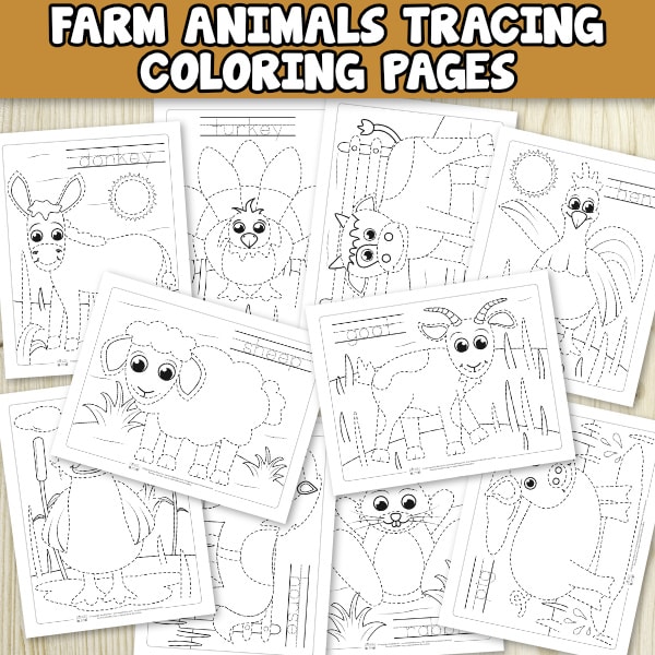 Free Farm animals tracing coloring pages for kids.