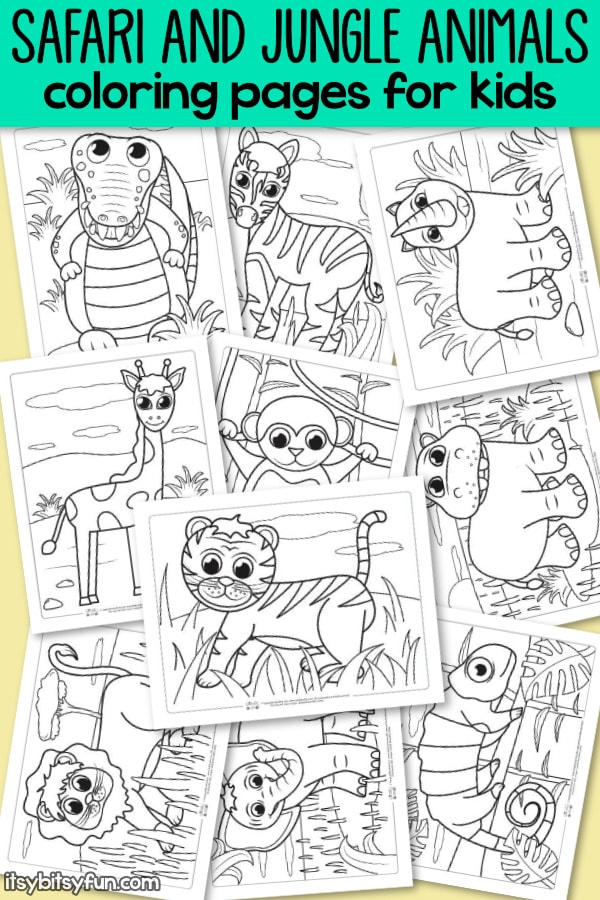 Safari and jungle animals coloring pages for kids. 10 super cute designs.