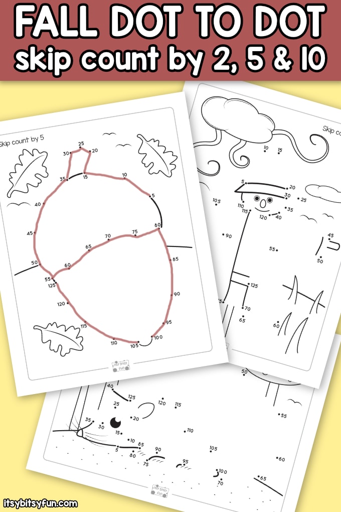 Fall Dot to Dot Skip Counting Worksheets by 2s by 5s and by 10s.. Free printable freebies included.