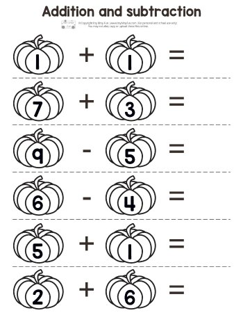 Pumpkin Addition and Subtraction Worksheet