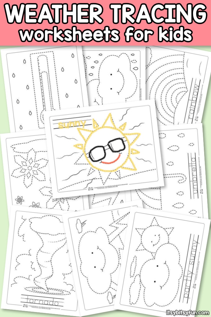 Weather tracing coloring pages for kids. These FREE tracing worksheets are perfect for practicing fine motor skills and pre-writing skills.
