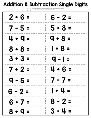 Addition and Subtraction Worksheet Single Digits Page 1
