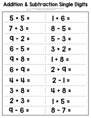 Addition and Subtraction Worksheet Single Digits Page 2