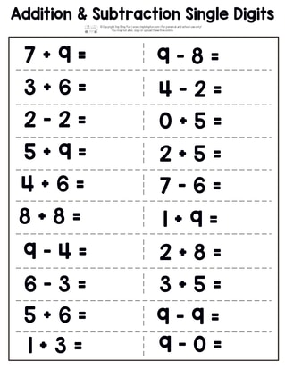 Addition and Subtraction Worksheet Single Digits Page 3