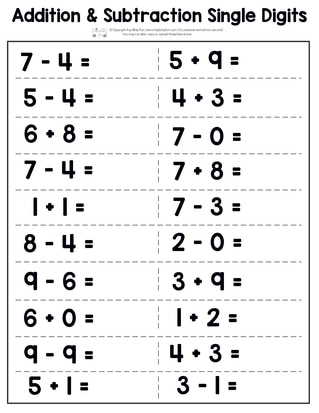 Addition and Subtraction Worksheet Single Digits Page 4