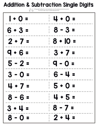 Addition and Subtraction Worksheet Single Digits Page 5