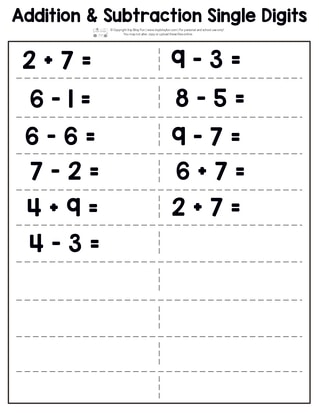 Addition and Subtraction Worksheet Single Digits Page 6