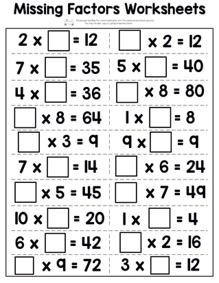 Printable Multiplication Worksheets - missing factors page 1