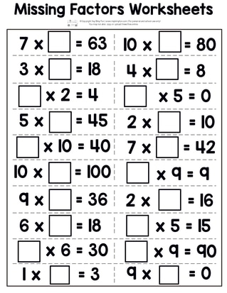 Printable Multiplication Worksheets - missing factors page 3