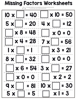 Printable Multiplication Worksheets - missing factors page 4