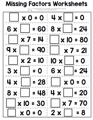Printable Multiplication Worksheets - missing factors page 5