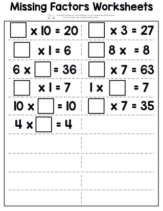Printable Multiplication Worksheets - missing factors page 6