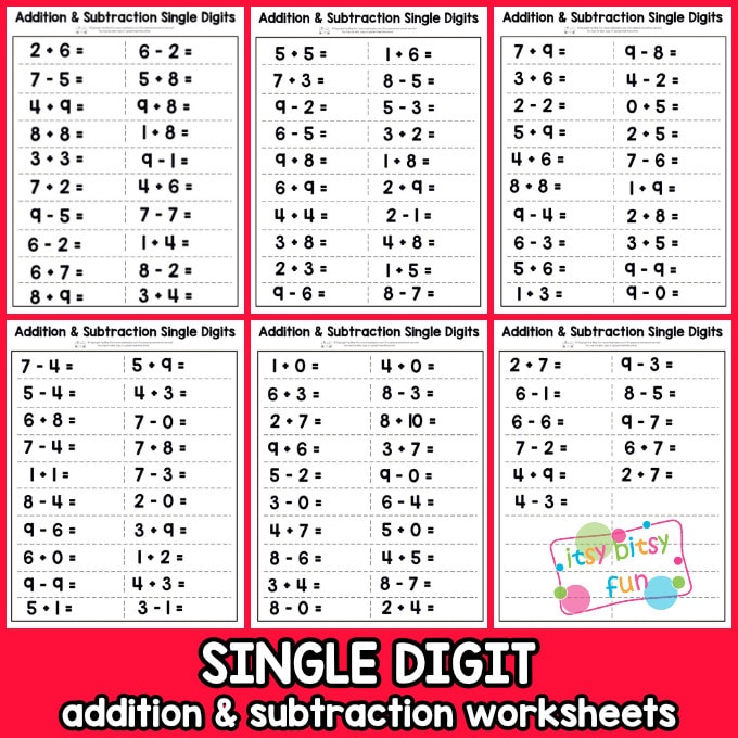 Single Digit Addition and Subtraction Worksheet for Kids