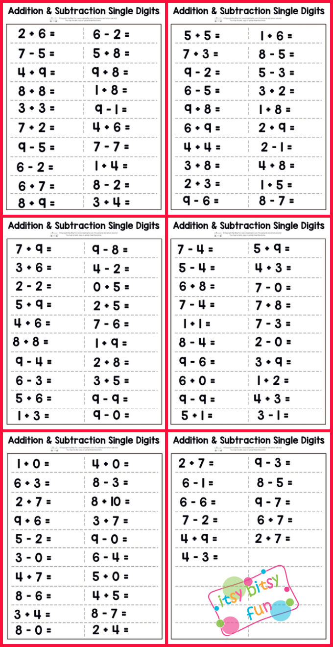 Single Digit Addition and Subtraction Worksheet ...