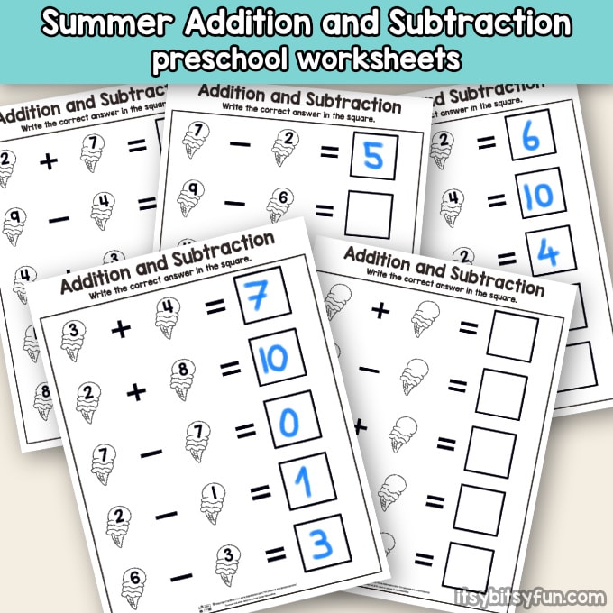 Summer Addition and Subtraction Worksheets for Preschool