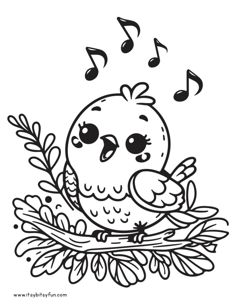 Happy singing bird coloring page.