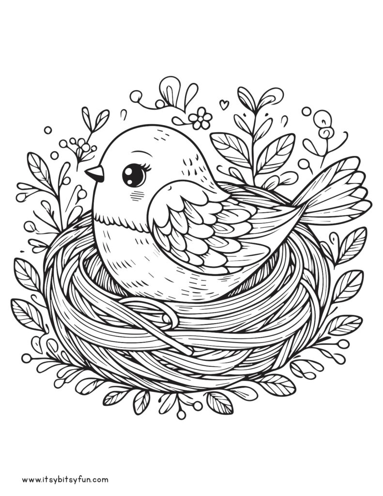 Nesting bird coloring page for kids.