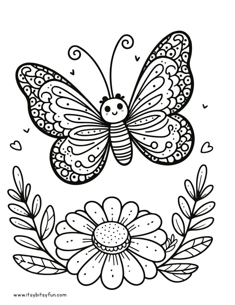 Flower and a flying butterfly coloring sheet.