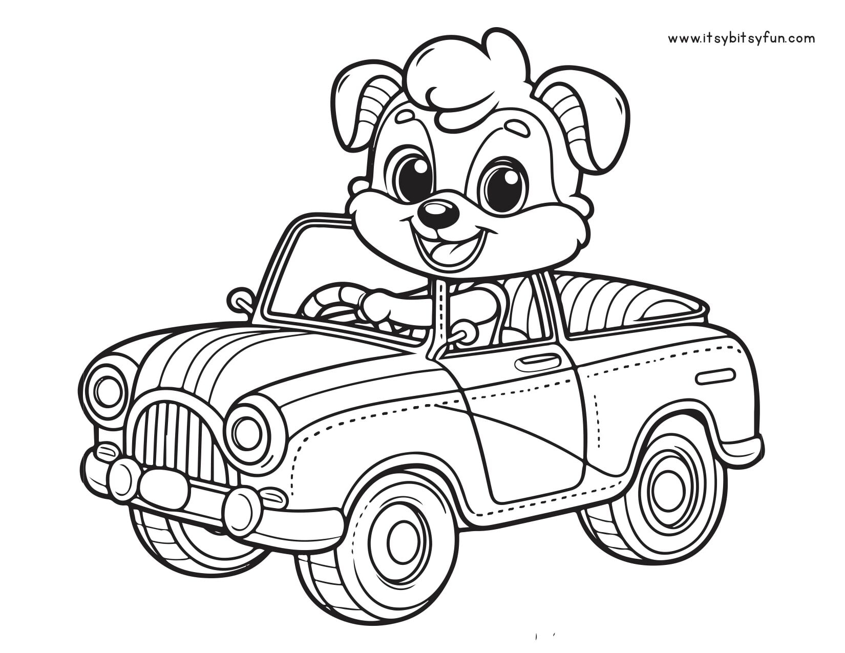 Dog driving a car illustration to color.