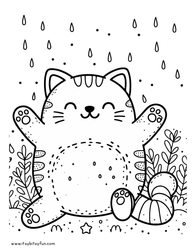 Happy chubby cat sitting in the rain for coloring.
