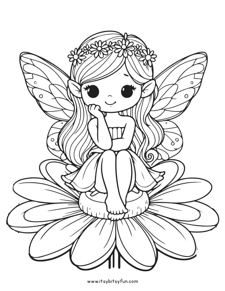 Fairy sitting on a flower bloom image to color.