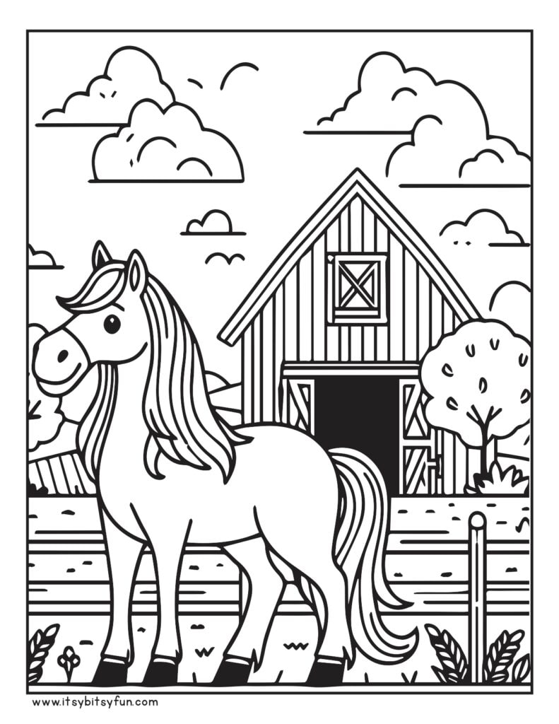 Stable and horse coloring page.