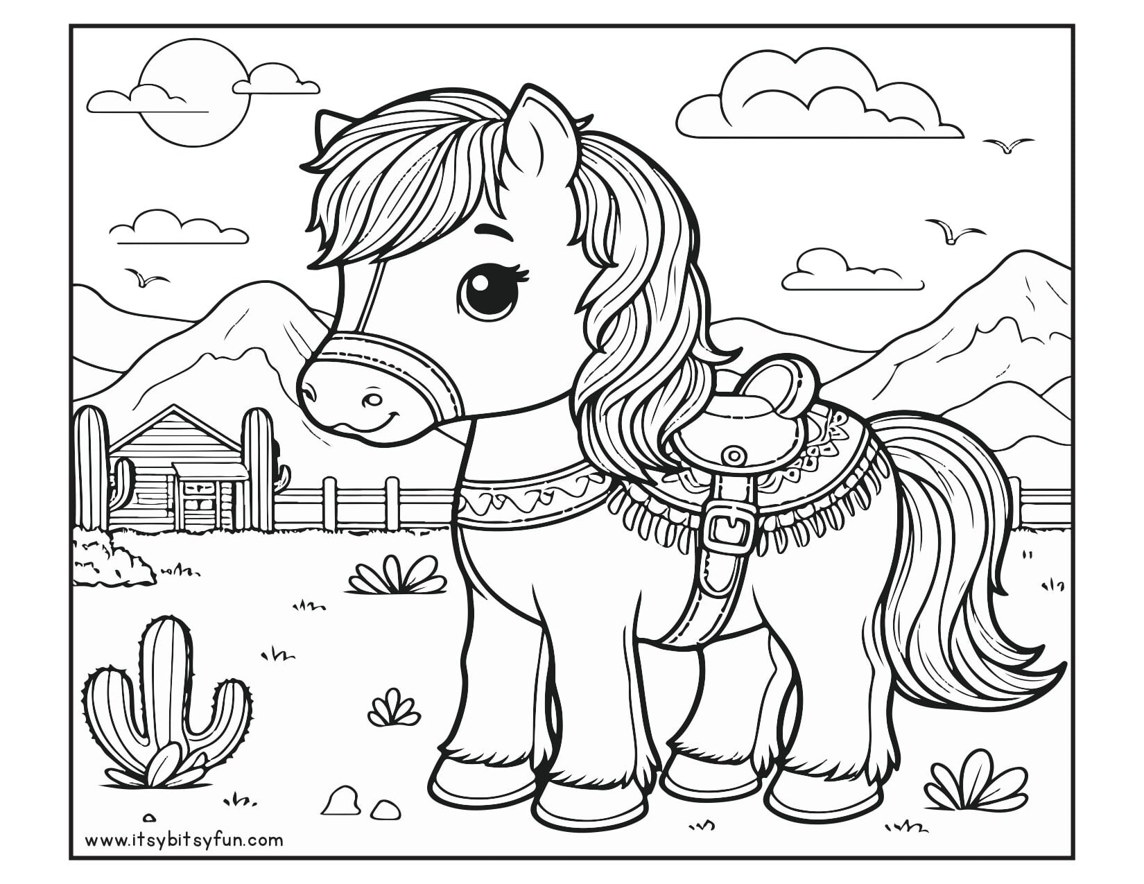 A saddled horse in the desert to color.