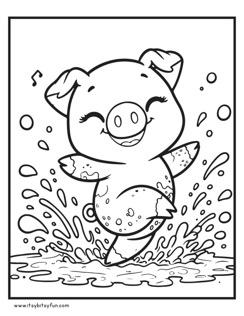 Pig splashing the water puddle color sheet.