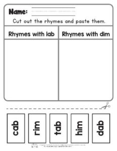 Cut and Paste Rhyme Sorting Worksheets - Itsy Bitsy Fun