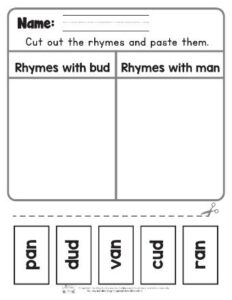 Cut and Paste Rhyme Sorting Worksheets - Itsy Bitsy Fun