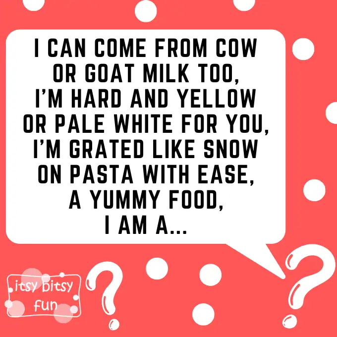 A โWhat am I?โ riddle giving clues about hard cheese made from cow or goat milk.