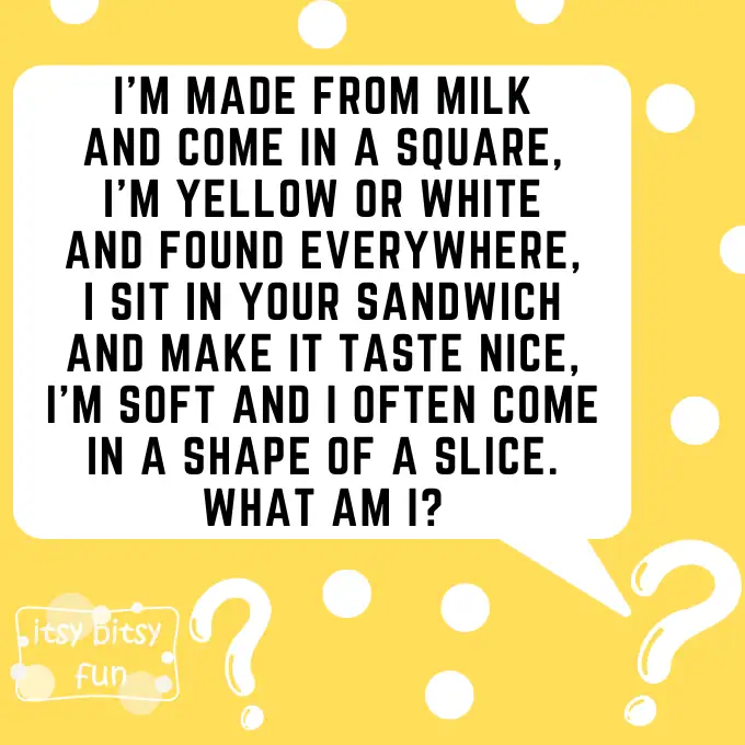 A โWhat am I?โ riddle describing square sliced cheese.