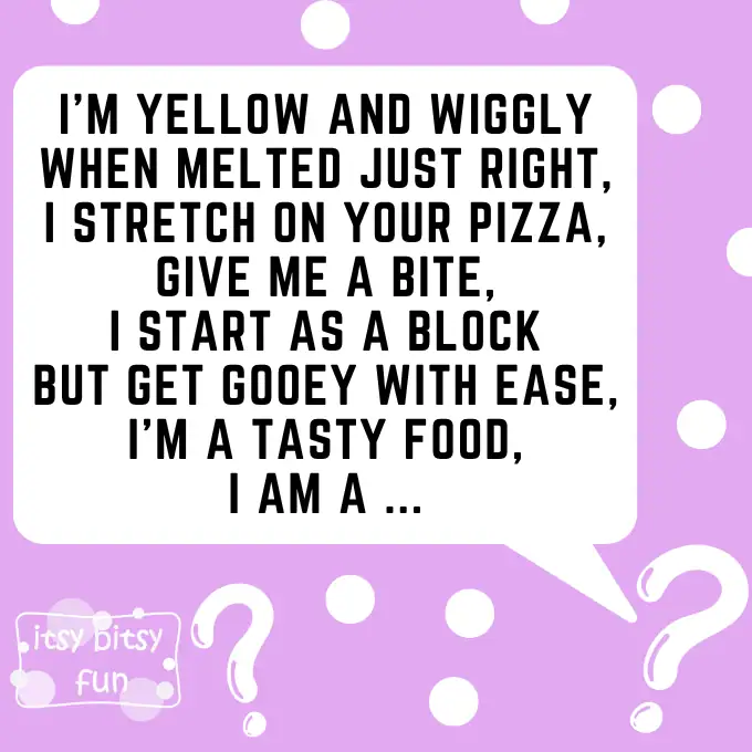 A fun โWhat am I?โ riddle about melted, stretchy cheese that pulls apart easily.