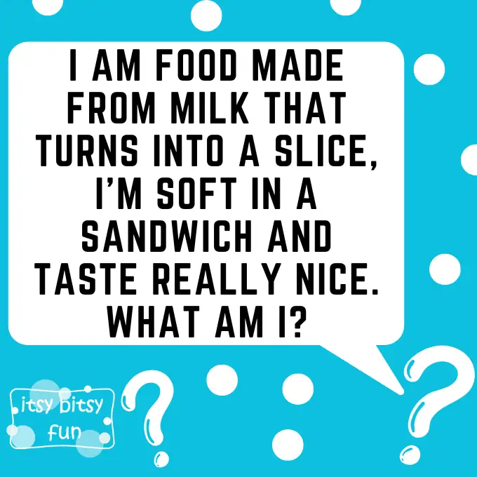 A simple โWhat am I?โ riddle giving clues about a soft, sandwichโfriendly dairy food.