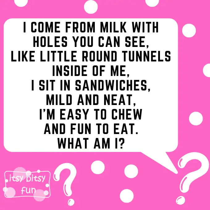 A playful โWhat am I?โ riddle describing a mild cheese with holes.