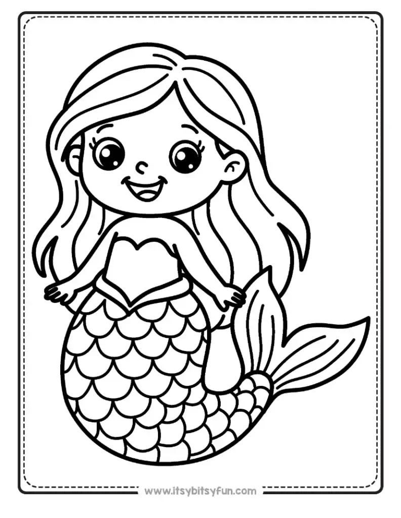 Cute cartoon-style mermaid coloring page for kids.