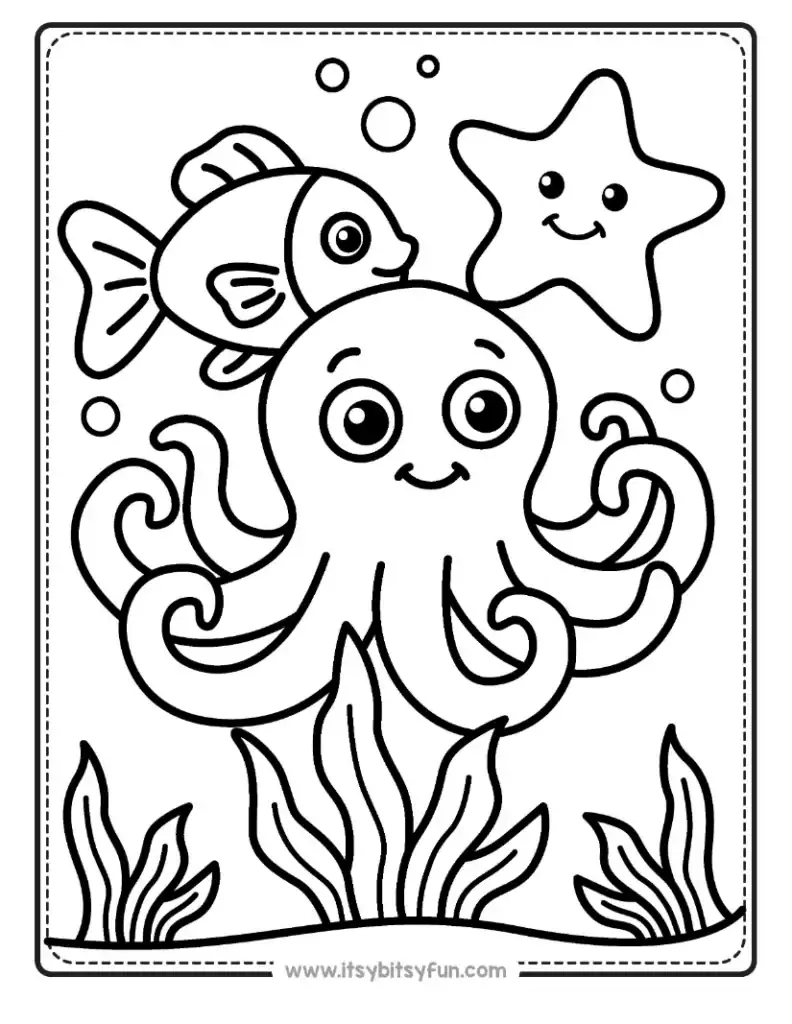 Underwater coloring page for kids featuring an octopus, a small fish, and a starfish.