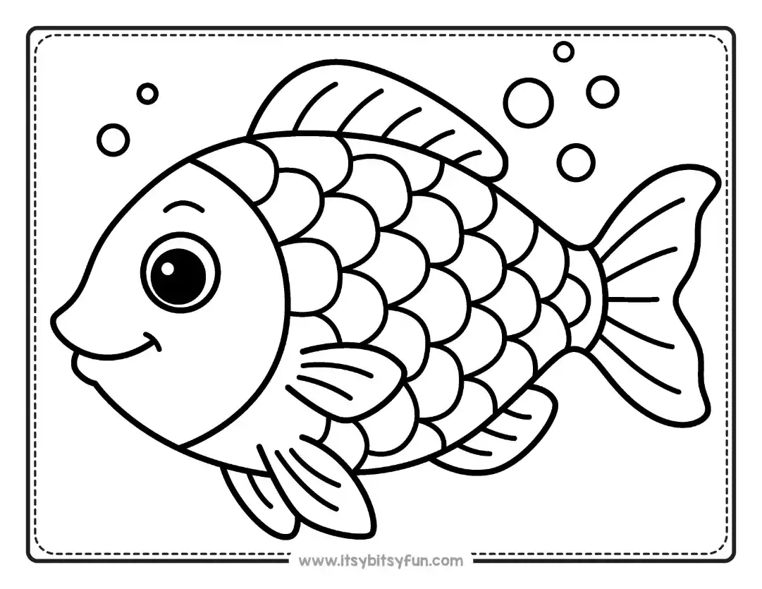 Fish coloring page for kids featuring a single large fish swimming with bubbles.