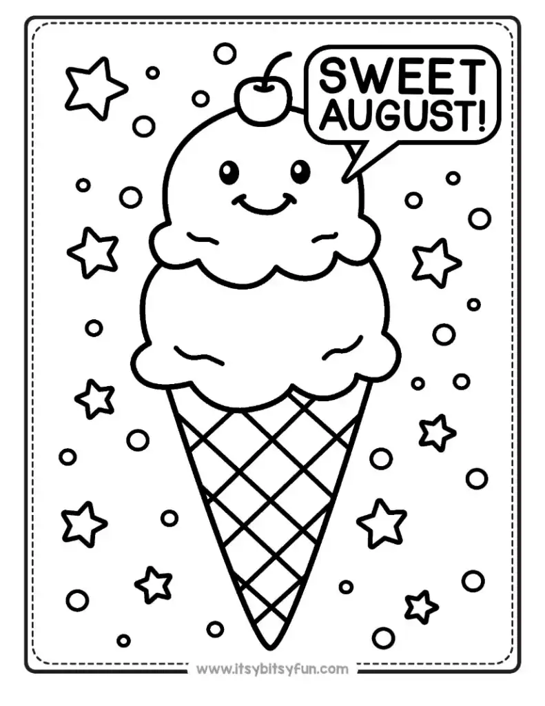 Summer coloring page for kids featuring a double-scoop ice cream cone with a cherry, with text reading "SWEET AUGUST!".