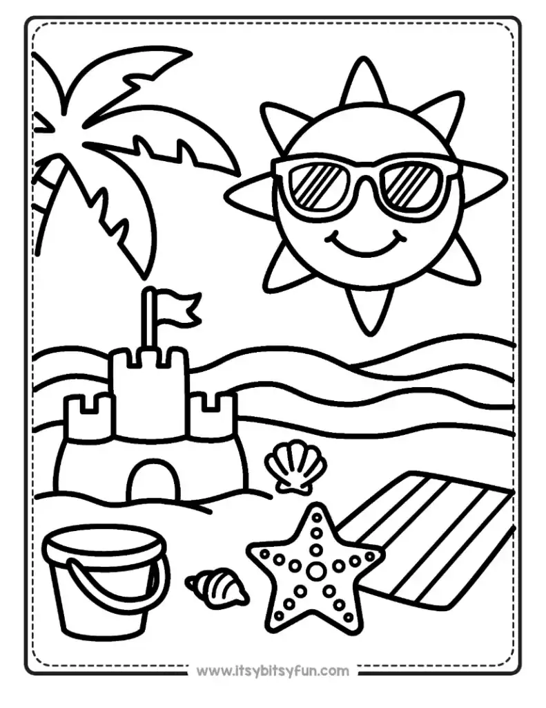 Summer coloring page for kids featuring a beach scene with a sun wearing sunglasses, a sandcastle, a starfish, and a bucket.