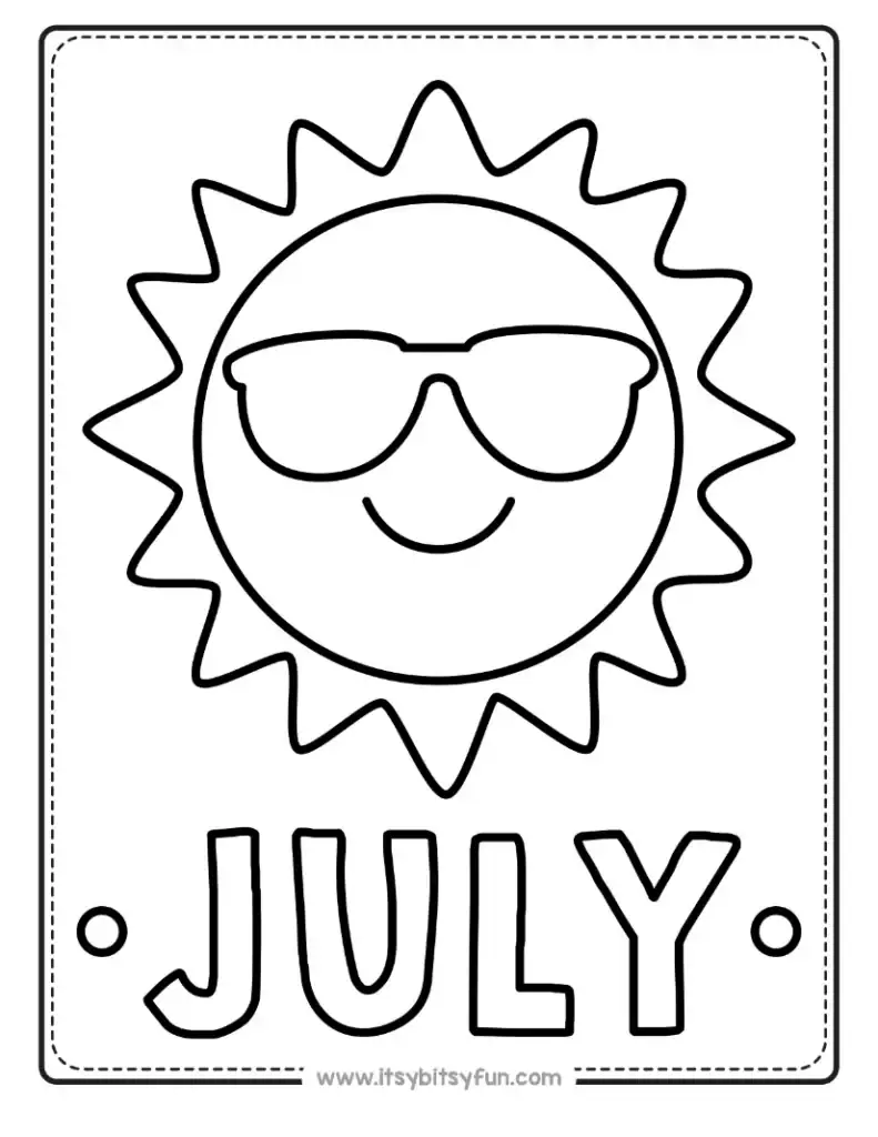 July coloring page with a smiling sun wearing sunglasses and "July" text below