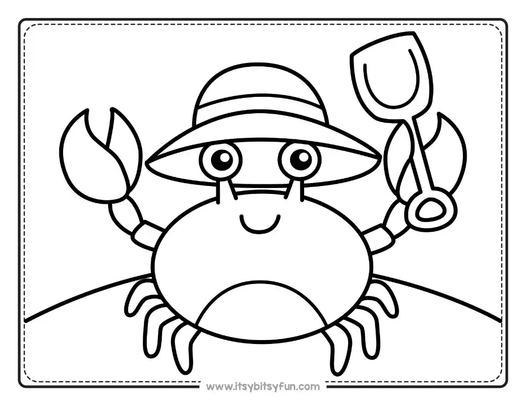 July coloring page with a cute crab holding a sand shovel at the beach.
