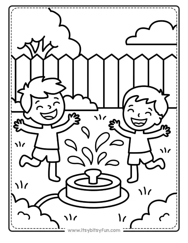 July coloring page with two happy kids playing in a backyard sprinkler.